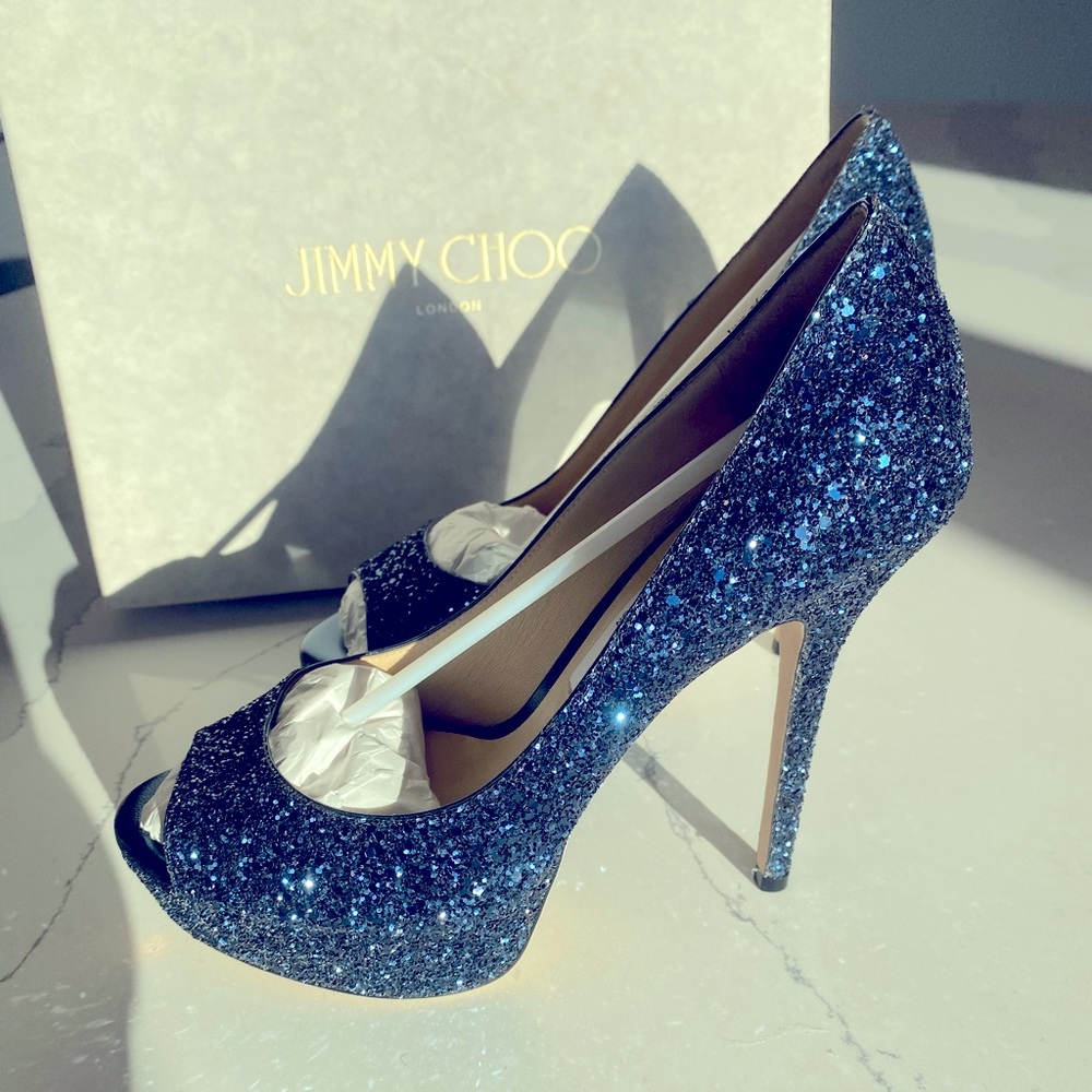 Navy Sparkling Jimmy Choo Jennica 38 1/2 Pumps